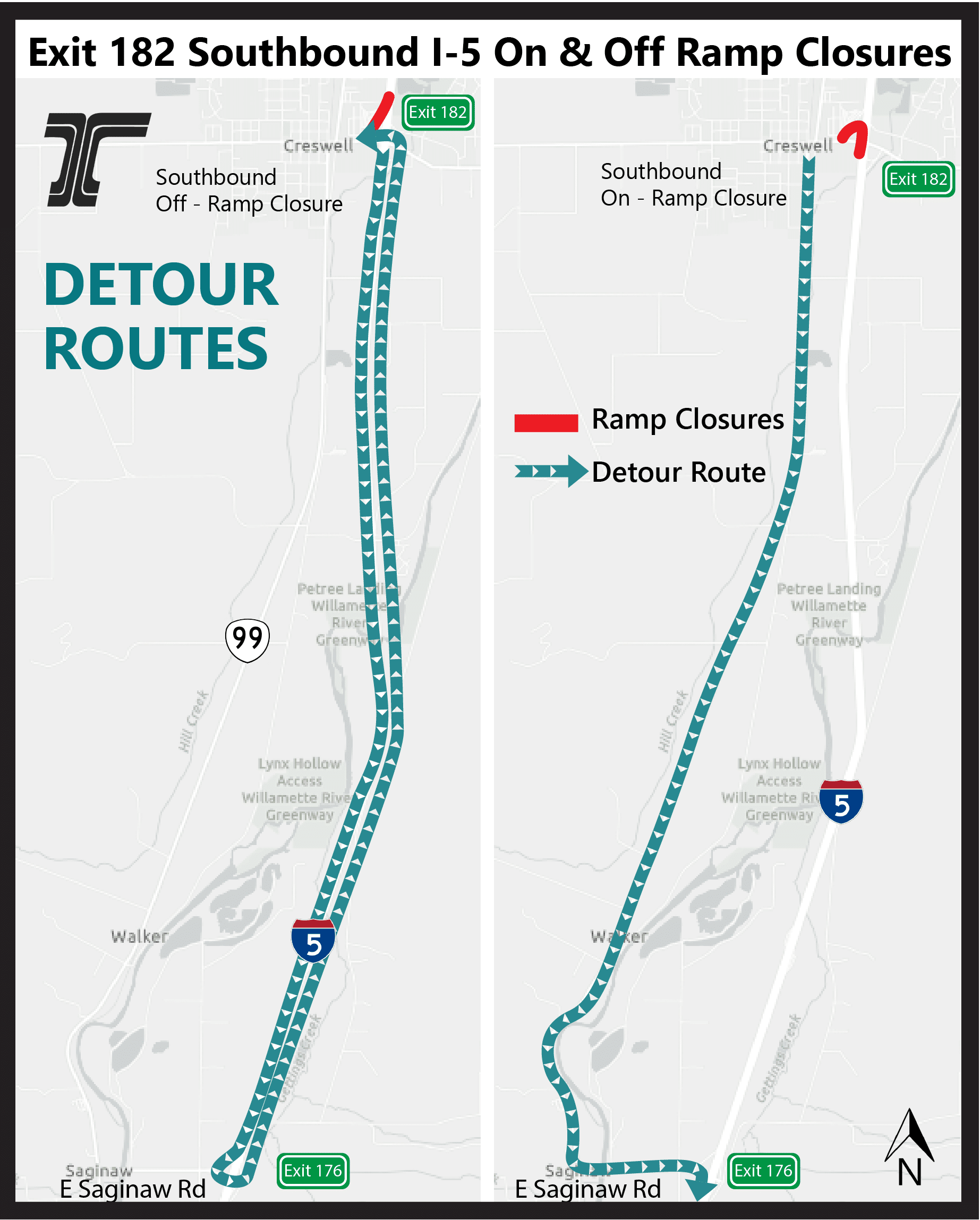 Plan Ahead Multiple I 5 Ramp Closures And Detours In Oregon Begin May 14   Oregon I 5 Exit182 Sb Detour Map 